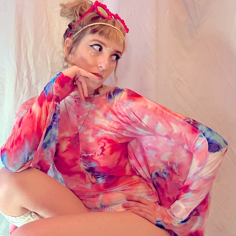 Batwing Sleeve Rave Festival Pink Semi-Sheer Romper
